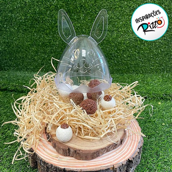 Ovo Acrílico Transparente com Rosto de Coelho e Orelhas - 17cm - 1 unidade - Rizzo