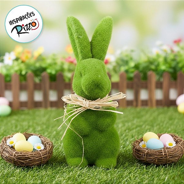 Coelho Decorativo de Grama em Pé com Laço de Palha - 21cm - 1 unidade - Rizzo