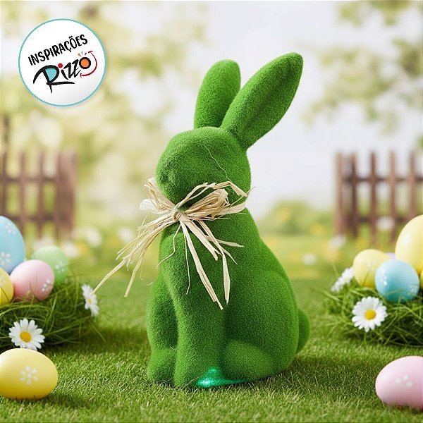 Coelho Decorativo de Grama em Pé com Laço de Palha - 20cm - 1 unidade - Rizzo