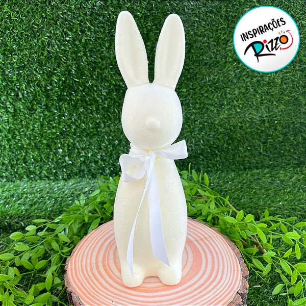 Enfeite Decorativo de Páscoa - Coelho Creme Flocado com Laço Branco - 40cm - 1 unidade - Cromus - Rizzo