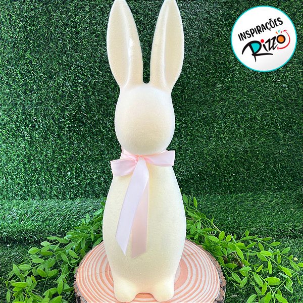 Enfeite Decorativo de Páscoa - Coelho Bege Flocado com Laço Rosa - 40cm - 1 unidade - Cromus - Rizzo
