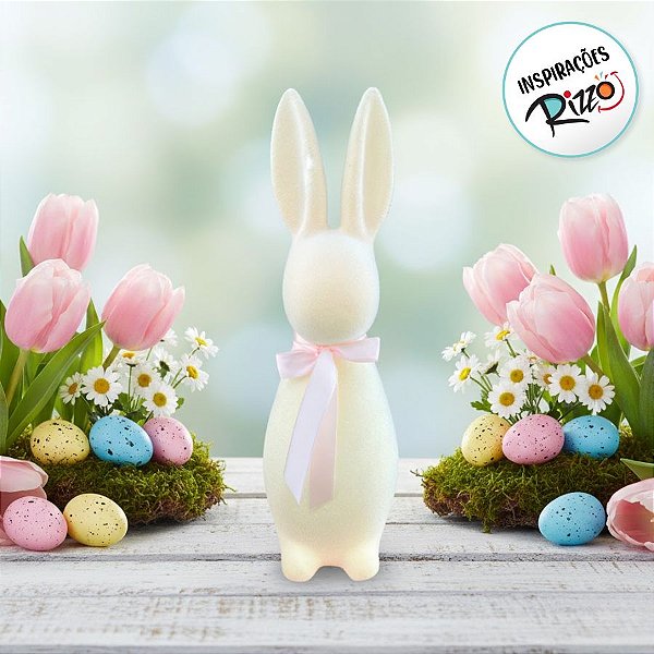 Enfeite Decorativo de Páscoa - Coelho Bege Flocado com Laço Rosa - 31cm - 1 unidade - Cromus - Rizzo