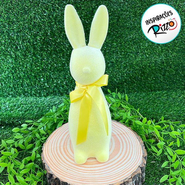 Enfeite Decorativo de Páscoa - Coelho Amarelo Flocado com Laço - 40cm - 1 unidade - Cromus - Rizzo
