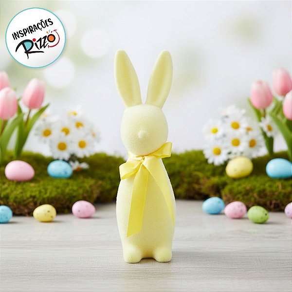 Enfeite Decorativo de Páscoa - Coelho Amarelo Flocado com Laço - 40cm - 1 unidade - Cromus - Rizzo