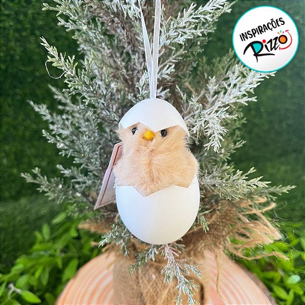 Enfeite para Pendurar - Pintinho Marrom com Ovo Branco - 8cm - 1 unidade - Cromus - Rizzo