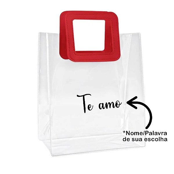 Sacola PVC com Alça Quadrada de Couro Vermelho Personalizado com Nome - 20x18x10cm - 1 unidade - Rizzo