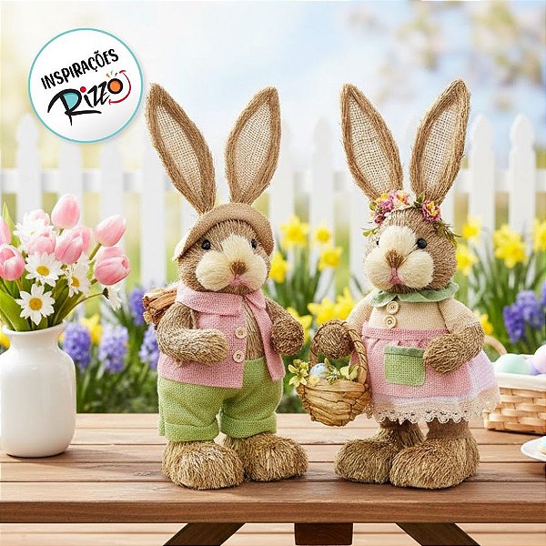 Casal de Coelhos Rústico - 28cm x 17cm x 14cm - 2 unidades - Linha Bem Casado - Cromus Páscoa Rizzo Embalagens
