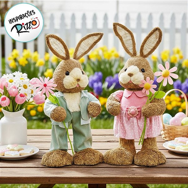 Casal de Coelhos Rústico Flor - 49cm x 20cm x 15cm - 2 unidades - Linha Bem Casado - Cromus Páscoa Rizzo Embalagens