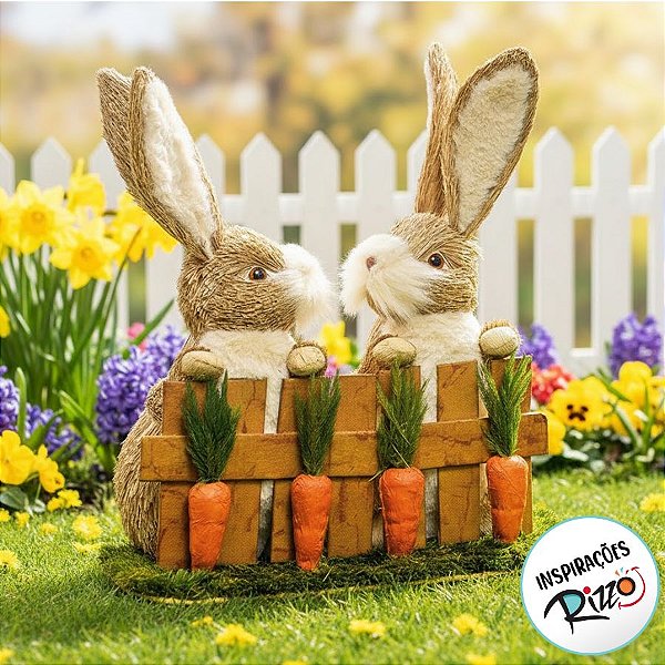 Casal de Coelhos Rústico Cerca - 36cm x 33m x 20cm - Linha Cenouras - Cromus Páscoa Rizzo Embalagens