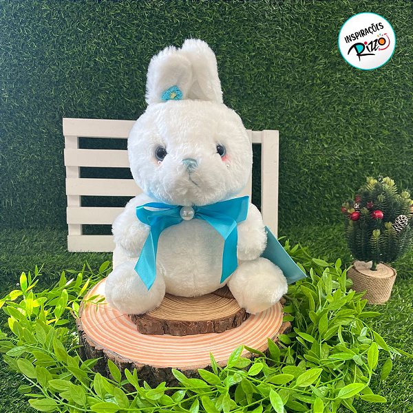 Coelho de Pelúcia Branco com Laço Azul - 24cm - 1 unidade - Rizzo