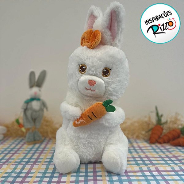Coelho de Pelúcia Branco Sentado  Segurando Cenoura - 38cm - 1 unidade - Rizzo