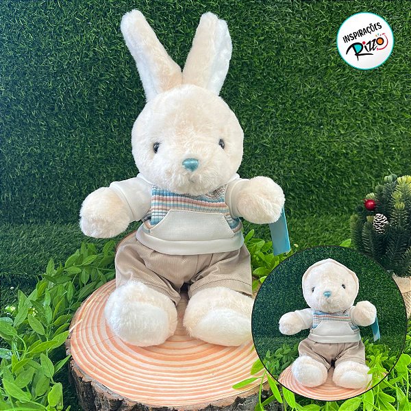 Coelho de Pelúcia Branco com Moletom e Touca - 30cm - 1 unidade - Rizzo