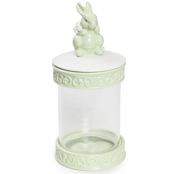 Pote Hermético em Vidro e Cerâmica Coelho Verde - 18cm x 7cm - Cromus Páscoa - Rizzo Embalagens