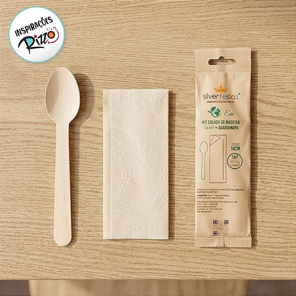 Kit Talher De Madeira Com Colher e Guardanapo - 14cm - 20 unidades - Rizzo