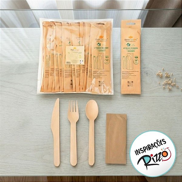 Kit Talher De Madeira Com Garfo, Faca, Colher e Guardanapo - 16cm - 20 unidades - Rizzo