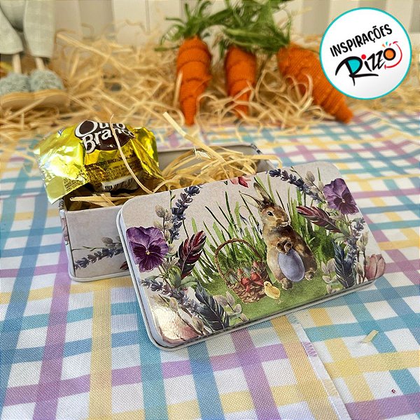 Lata de Metal Retangular de Páscoa - Coelho com Cesto e Ovos - 11,5cm - 1 unidade - Rizzo