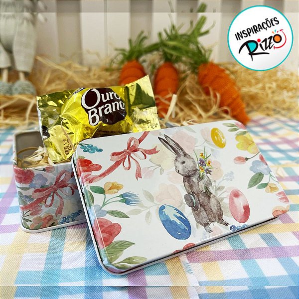 Lata de Metal Retangular de Páscoa - Coelho com Chapéu  - 11,5cm - 1 unidade - Rizzo