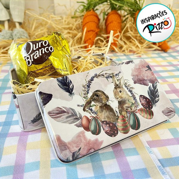 Lata de Metal Retangular de Páscoa - Casal de Coelhos com Ovos - 11,5cm - 1 unidade - Rizzo