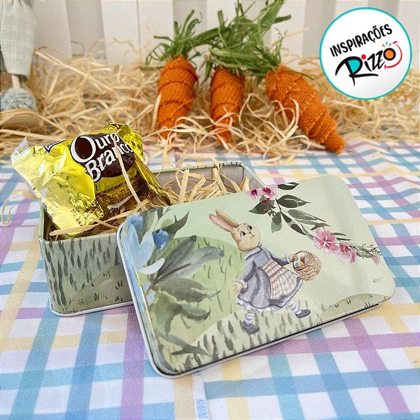 Lata de Metal Retangular de Páscoa - Mãe Coelho com Cesto - 11,5cm - 1 unidade - Rizzo