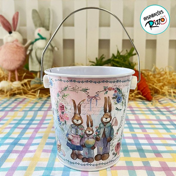 Balde de Metal de Páscoa - Família de Coelhos - 10,5cm - 1 unidade - Rizzo