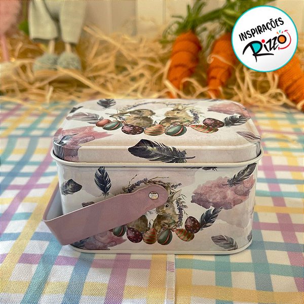 Lata de Metal Retangular com Alça de Páscoa - Casal de Coelhos - 10,5x7,8x6,4cm - 1 unidade - Rizzo