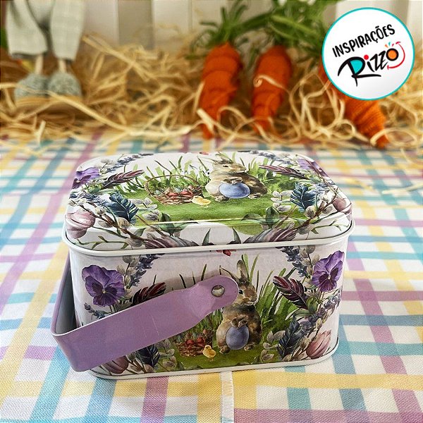 Lata de Metal Retangular com Alça de Páscoa - Coelho com Cesto - 10,5x7,8x6,4cm - 1 unidade - Rizzo