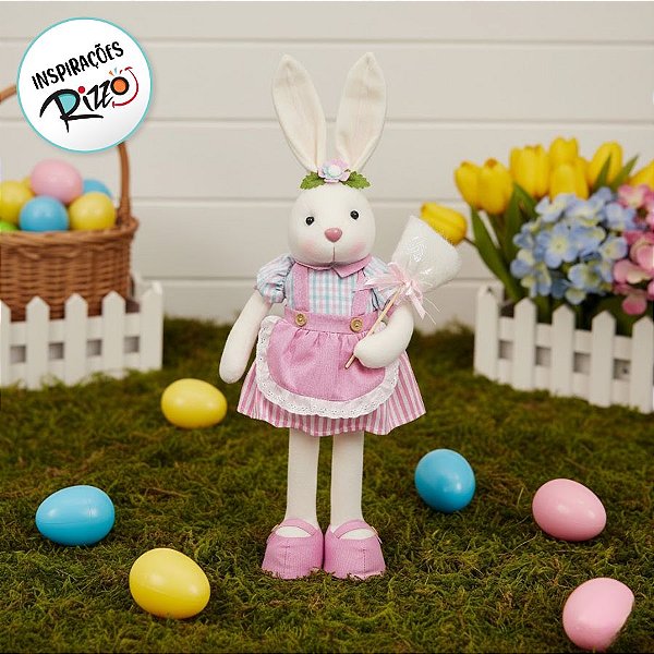 Coelha em Pé Algodão Doce Rosa - 52cm x 15cm x 11cm - Linha Pastille - Cromus Páscoa - Rizzo Embalagens