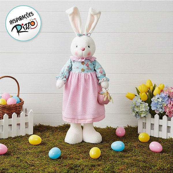 Coelha em Pé Jardim Cestinha - 69cm x 16cm x 16cm - Linha Vanilla - Cromus Páscoa - Rizzo Embalagens