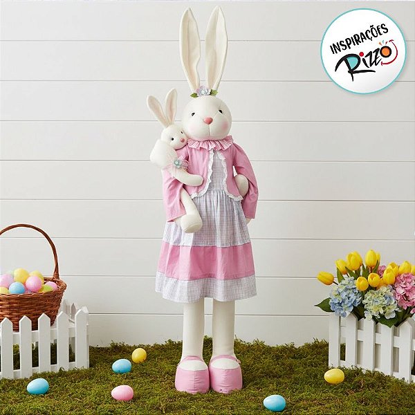 Coelha em Pé com Filhote Rosa - 140cm x 24cm x 20cm - Linha Pastille - Cromus Páscoa - Rizzo Embalagens
