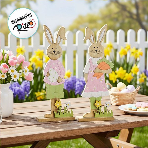 Casal de Coelhos em Pé Madeira Natural - 31cm x 12cm x 4cm - Linha Napolitano - Cromus Páscoa - Rizzo Embalagens