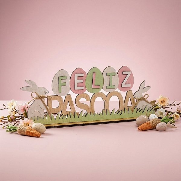 Placa Feliz Páscoa em Madeira Natural Coelhos e Ovinhos - 13cm x 30cm - Cromus Páscoa