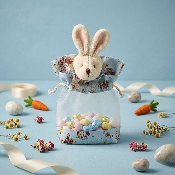 Bolsinha Coelho de Páscoa Transparente Floral Azul - 20cm x 12cm - Linha Bolsinhas - Cromus Páscoa - Rizzo Embalagens