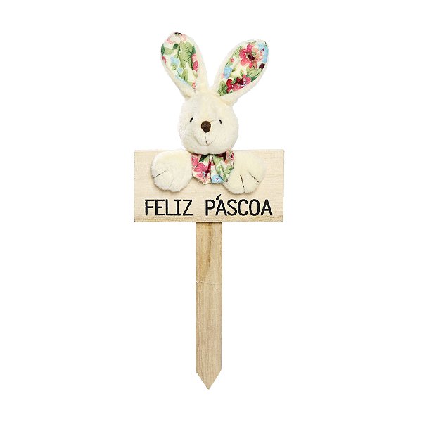 Plaquinha Feliz Páscoa Coelho Lacinho Floral - 22cm x 10cm - Cromus Páscoa - Rizzo Embalagens