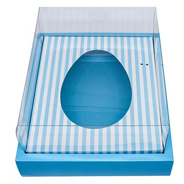 Caixa Ovo de Colher com Moldura - Meio Ovo de 500g - 23cm x 19cm x 10cm - Azul Listras - 5unidades - Assk - Páscoa Rizzo Embalagens