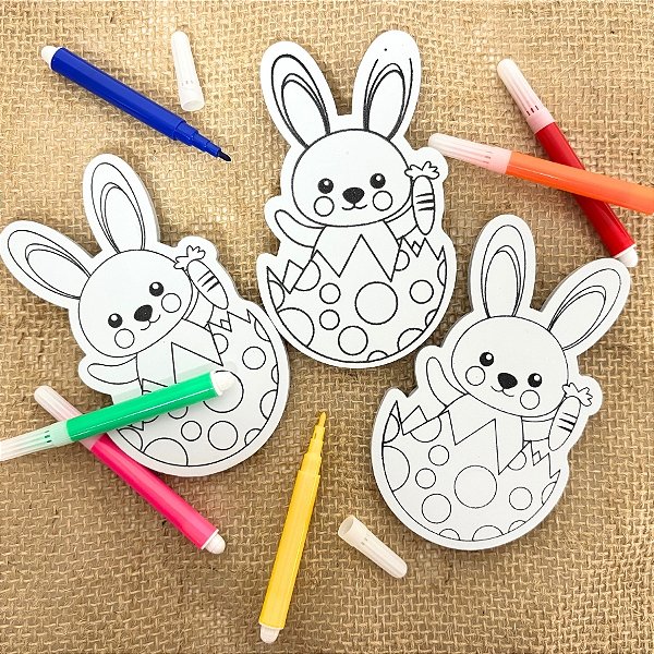 Kit para Colorir de Páscoa - 11,5cm - 3 Coelhos e 6 Canetinhas - Rizzo