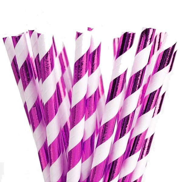 Canudo de Papel Listras Metalizado Pink - 20 unidades - ArtLille - Rizzo Festas