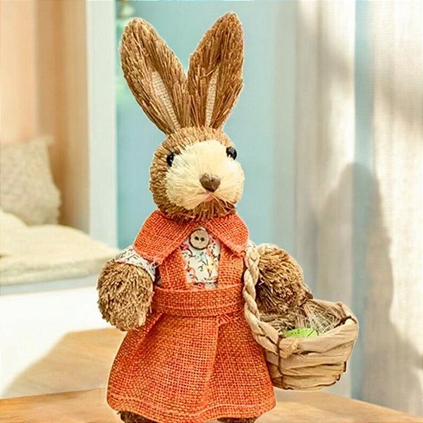 Decoração de Páscoa Coelha de Palha Rústico Com Cesto - 24cm - 1 unidade - Rizzo