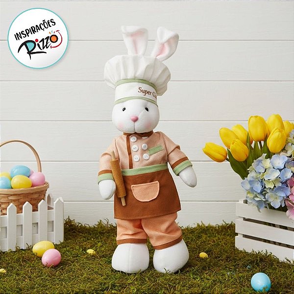 Coelho Chef com Pé para Trás Coral Marrom 43cm x 15cm - Cromus Páscoa - Rizzo Embalagens