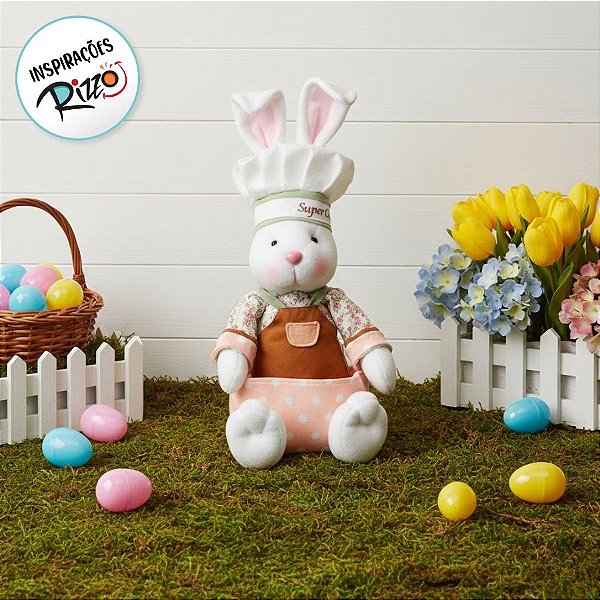 Coelho Chef com Bolsa Frontal Coral Marrom 35cm x 15cm - Cromus Páscoa - Rizzo Embalagens