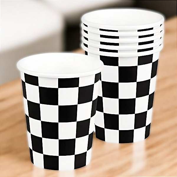 Copo de Papel Biodegradável 270ml - Xadrez Preto - 10 unidades - Silver Festas - Rizzo