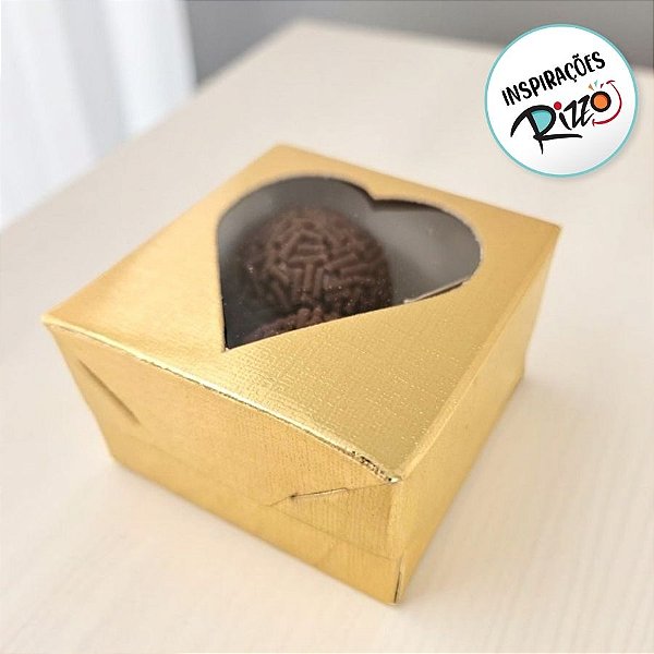 Caixa Para Doce Com Visor De Coração - 5,5x5x3cm - Ouro Texturizado - 10 unidades - Assk - Rizzo