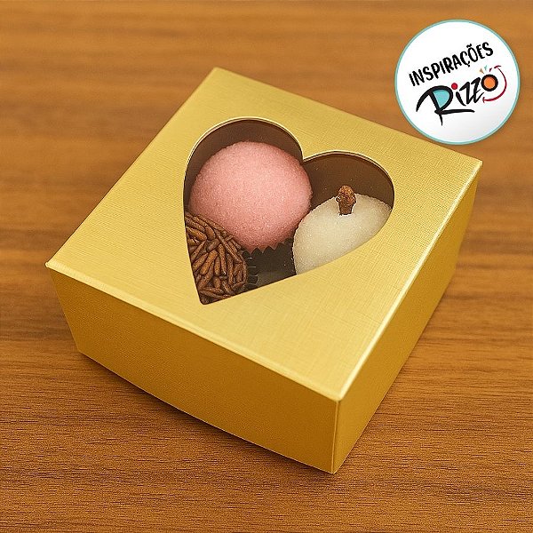 Caixa Para Doce Com Visor De Coração - 7x7x3cm - Ouro Texturizado - 10 unidades - Assk - Rizzo