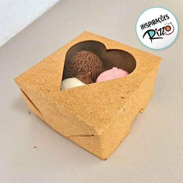 Caixa Para Doce Com Visor De Coração - 7x7x3cm - Kraft - 10 unidades - Assk - Rizzo