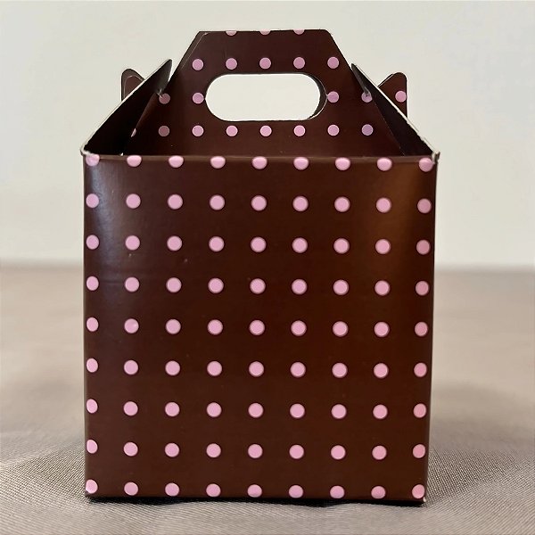 Caixa Sacolinha S0 (7,5x5x5cm) Marrom Com Bolinhas Rosa - 10 unidades - Rizzo