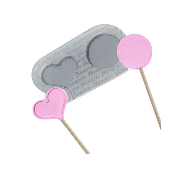 Molde de Silicone Pirulitos Peq 35mm Redondo + Coração - Ref. 551 - 1 unidade - Flexarte - Rizzo