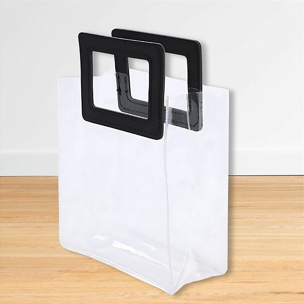 Sacola Transparente PVC Com Alça Retangular Couro Preto - 16,4x14,2x7,3cm - 1 unidade - Cromus - Rizzo