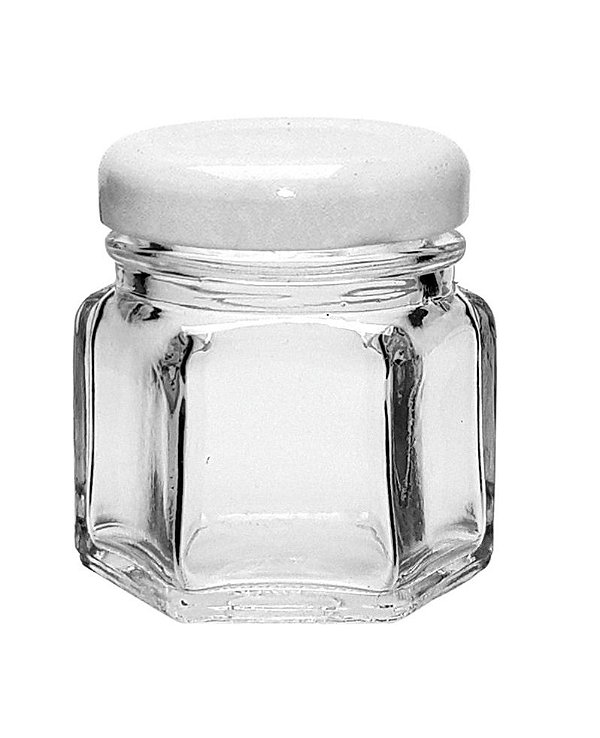 Potinho de Vidro Sextavado Tampa de Metal Branco 45ml - Rizzo Embalagens