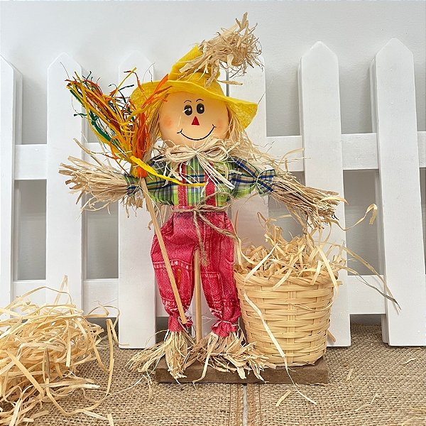 Enfeite Decorativo De Festa Junina Com Base Espantalho Com Cesta e Vassoura - Amarelo - 1 unidade - Rizzo