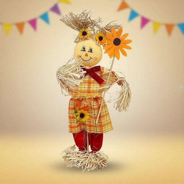 Enfeite Decorativo De Festa Junina Espantalha em Pé Segurando Girassol - 41,5cm - 1 unidade - Rizzo