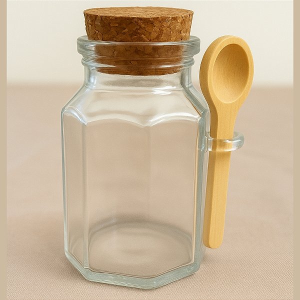 Mini Pote de Vidro Octogonal com Tampa de Rolha e Colherzinha de Madeira – 5,5x8x6,5cm - 80 ml - 1 unidade - Rizzo